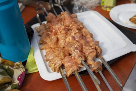 Téléchargez les photos : Brochettes de poulet marinées sur des brochettes et prêtes à cuire. Produit semi-fini pour barbecue. - en image libre de droit