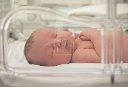 Foto de Bebé recién nacido en una incubadora para bebés. Lactante en la rehabilitación del hospital de maternidad. - Imagen libre de derechos