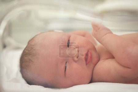 Foto de Un bebé recién nacido yace en una caja médica especial. - Imagen libre de derechos