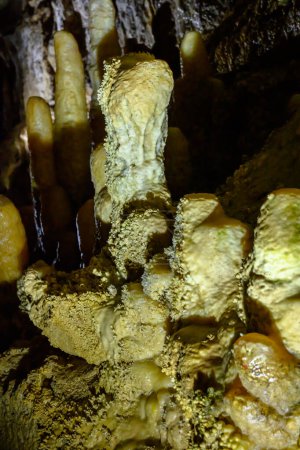 New Athos cave with stalactites and stalagmites in Abkhazia. The huge underground cave.