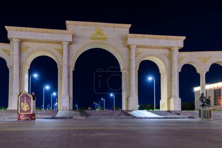Aktobe, Kazakhstan - April 30, 2024: Arch in the city of Aktobe on the central square. Culture concept