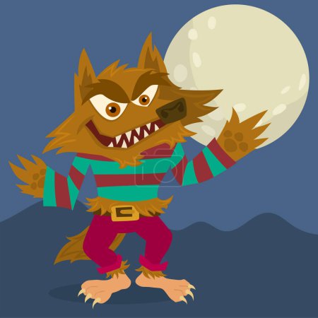 Wolf man is standing in front the moon at the halloween night
