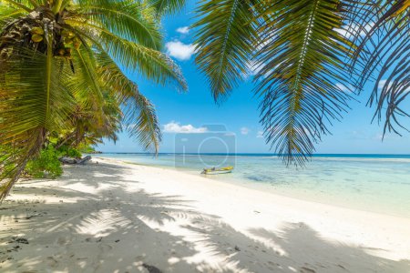 Foto de Barco de madera y palmeras en la playa de Anse Forbans. Isla Mahe, Seychelles - Imagen libre de derechos