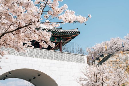 Porte de la forteresse de Miryang Eupseong avec des fleurs de cerisier à Miryang, Corée