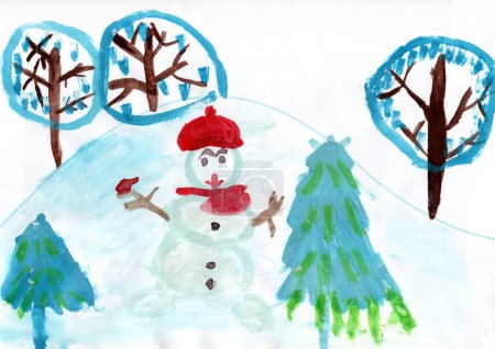 Téléchargez les photos : Dessin coloré d'enfants bonhomme de neige sur une colline enneigée. Dessin d'enfant. Amusement d'hiver, concept de vacances. Vacances d'hiver. Bonhomme de neige dessiné par un enfant. Art enfantin - en image libre de droit