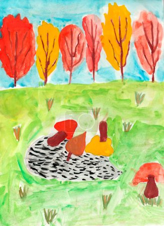 jeż z grzybami na igłach pełzających na polanie w rysunku dzieci. Jesienią dzieci rysują z jeżem. Malarstwo akwarela krajobraz z drzew chmury i zwierząt w sezonie jesiennym