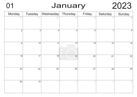 Planer für Januar 2023. Spielplan für Monat. Monatskalender. Veranstalter für Januar 2022. Businessplan. To-do-Liste für Monat. Leere Zellen des Planers. Monatlicher Veranstalter. Kalender 2023. Montagsstart