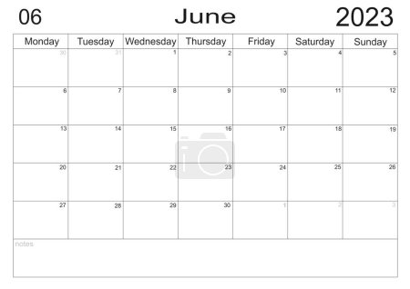 Planner for June 2023. Schedule for month. Monthly calendar. Organizer for June 2022. Business plan. To do list for month. Empty cells of planner. Monthly organizer. Calendar 2023. Monday start