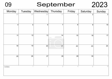 Planner for September 2023. Schedule for month. Monthly calendar. Organizer for September 2023. Business plan. To do list for month. Empty cells of planner. Monthly organizer. Calendar 2023. Monday start