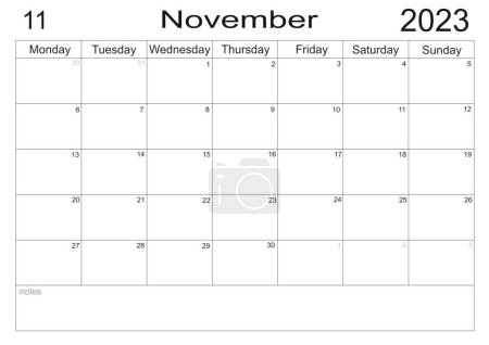 Planificador para noviembre de 2023. Horario del mes. Calendario mensual. Organizador para noviembre de 2023. Plan de negocios. Para hacer la lista de meses. Células vacías de planificador. Organizador mensual. Calendario 2023. Lunes de inicio