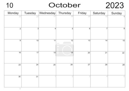 Planificador para octubre de 2023. Horario del mes. Calendario mensual. Organizador para octubre de 2023. Plan de negocios. Para hacer la lista de meses. Células vacías de planificador. Organizador mensual. Calendario 2023. Lunes de inicio