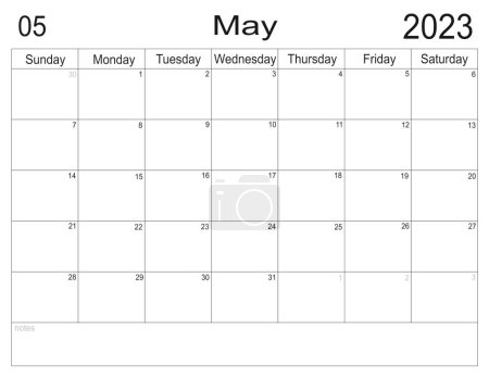 Planner for May 2023. Schedule for month. Monthly calendar. Organizer for May 2023. Business plan. To do list for month. Empty cells of planner. Monthly organizer. Calendar 2023. Sunday start