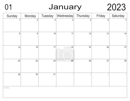 Planificador para enero de 2023. Horario del mes. Calendario mensual. Organizador para enero de 2023. Plan de negocios. Para hacer la lista de meses. Células vacías de planificador. Organizador mensual. Calendario 2023. Inicio del domingo