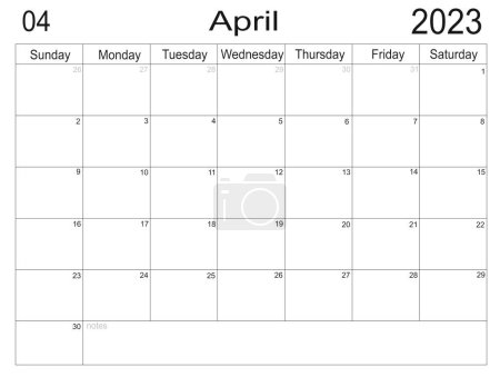 Planner for April 2023. Schedule for month. Monthly calendar. Organizer for April 2023. Business plan. To do list for month. Empty cells of planner. Monthly organizer. Calendar 2023. Sunday start