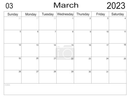 Planificador para marzo de 2023. Horario del mes. Calendario mensual. Organizador para marzo de 2023. Plan de negocios. Para hacer la lista de meses. Células vacías de planificador. Organizador mensual. Calendario 2023. Inicio del domingo
