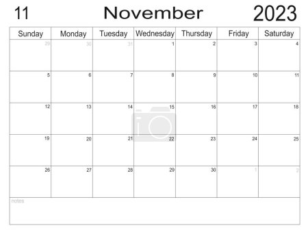 Planificador para noviembre de 2023. Horario del mes. Calendario mensual. Organizador para noviembre de 2023. Plan de negocios. Organizador mensual. Calendario 2023. Comienza el domingo.Para hacer una lista por mes. Células vacías del planificador