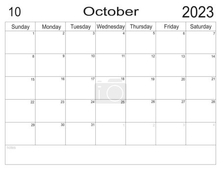 Planificador para octubre de 2023. Horario del mes. Calendario mensual. Organizador para octubre de 2023. Plan de negocios. Organizador mensual. Calendario 2023. El domingo empieza. Para hacer la lista de meses. Células vacías del planificador.