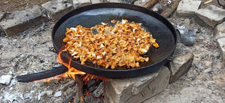 Téléchargez les photos : Cooking fried chanterelles. Wild mushroom dish. Cooking chanterelles on big pan. Forest dish. Cooking delicious dish of mushrooms. Fried chanterelles - en image libre de droit