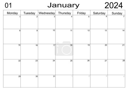 Wirtschaftsplaner. Kalender Januar 2024 Zeitplan mit leerer Notiz für die To-do-Liste auf Papier Hintergrund. Planer Januar 2024. Leere Zellen des Planers. Monatlicher Veranstalter. Kalender 2024