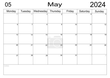 Business planner. Calendar May 2024 schedule with blank note for to do list on paper background. Planner May 2024. Empty cells of planner. Monthly organizer. Calendar 2024