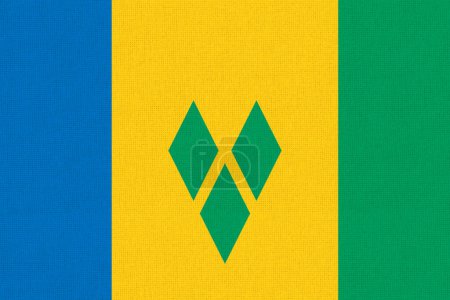 Flag of Saint Vincent and the Grenadines. Saint Vincent and the Grenadines flag on fabric surface. Fabric Texture. National symbol. Caribbean country. Island country. 3 D illustration