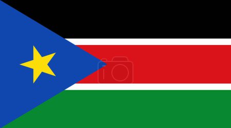 Flag of South Sudan. South Sudanian flag on fabric surface. Fabric texture. National symbol of South Sudan on patterned background. Republic of South Sudan. African country. 3D illustration
