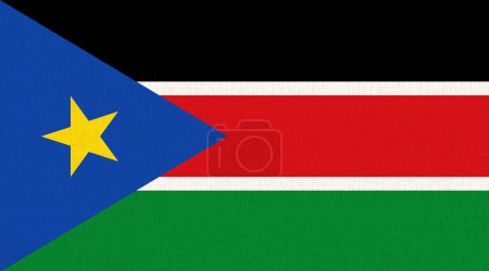Flagge des Südsudan. Südsudanesische Flagge auf Stoffoberfläche. Gewebestruktur. Nationales Symbol des Südsudan auf gemustertem Hintergrund. Republik Südsudan. afrikanisches Land. 3D-Illustration