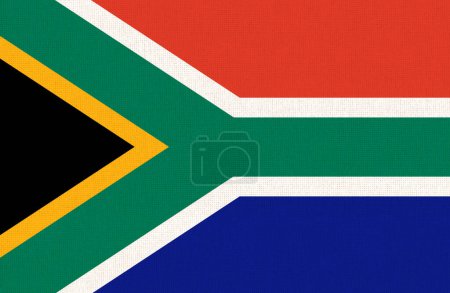 Bandera de Sudáfrica. Bandera sudafricana en superficie de tela. Textura de tela. Símbolo nacional de Sudáfrica sobre fondo modelado. República del Sur de África. País africano. Ilustración 3D