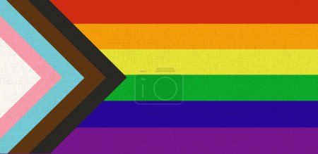 Progress Pride flag of Australia on fabric surface. Illustration of Australian Progress Pride flag. Australian symbol. Multicolored flag on fabric surface