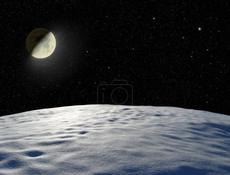 Photo for Moon shining in space full of stars over violet unknown planet. Space landscape. Ultraviolet color on uninhabited planet - Royalty Free Image