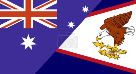 Flagge von Australien und Amerikanisch-Samoa. Zwei Flaggen zusammen australische und amerikanische Samoa-Nationalflaggen. Staatsflaggen. Australisch-amerikanisch-samoanische Beziehungen