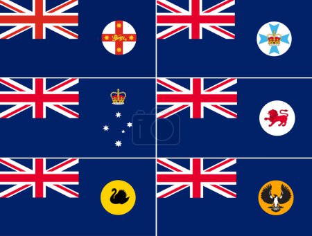 Flags of Australian states. Six State Flags. Illustration of Australian flags. Symbols of . Official signs of Australian states. Flags of states of Australia. Tasmania South Australia, Victoria