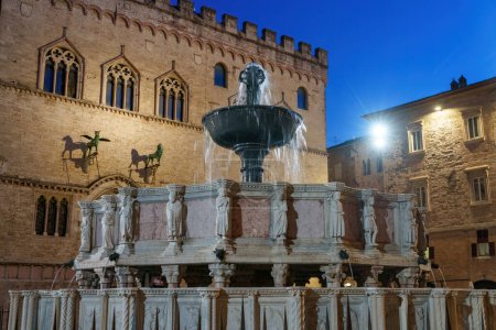 Historic buildings of Perugia, Umbria region, Italy: Piazza IV Novembre by night