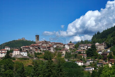 Sommerliche Landschaft entlang der Straße von Castelnuovo Garfagnana nach San Romano, Provinz Lucca, Toskana, Italien