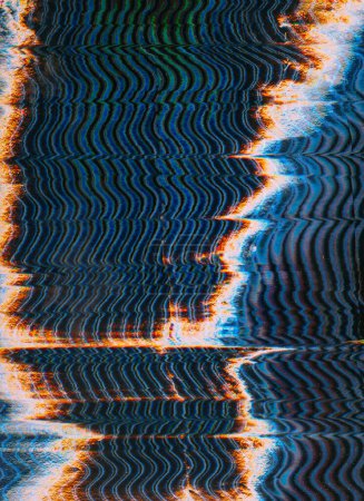 Digital noise. Glitch distortion. Blue orange white black color curve line static artifacts texture art illustration abstract background.