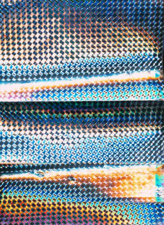 Glitch art. Distortion texture. Blue orange color gradient digital noise artifacts mosaic pattern holographic illustration abstract background.
