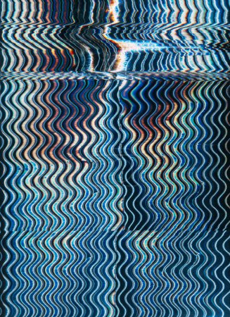 Glitch art. Distortion texture. Blue orange color analog noise artifacts vibration waves lines pattern holographic illustration abstract background.