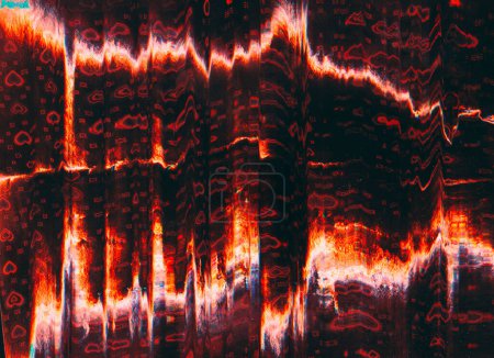 Glitch background. Digital distortion. Cardio pulse. Red pink orange black color glowing frequency noise vibration hearts shape design art illustration abstract texture.