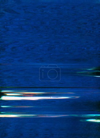 Color glitch. Grain noise. Blue white glowing stripe defect wave monitor distortion screen defect error pattern art design modern abstract background.