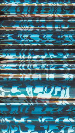 Glitch art. Distortion texture. Blue orange color digital noise broken plasma vibration stripe holographic ornate pattern modern abstract background.