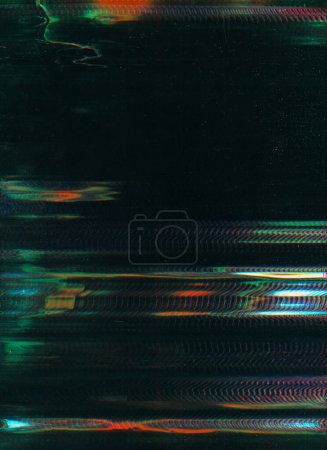 Glitch noise. Digital distortion. Black green orange color fuzzy stripe frequency wave broken vhs signal dust scratch grunge abstract background.