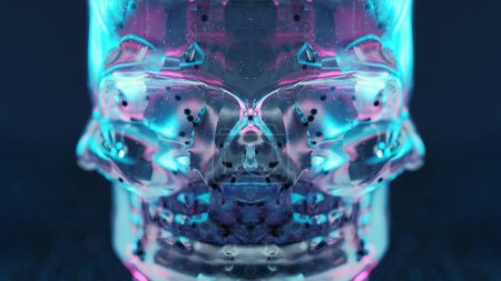 Crystal skull. Neon fluid drip. Cyber skeleton. Defocused iridescent pink blue transparent particles texture gel spill glass head on dark symmetrical abstract art background.