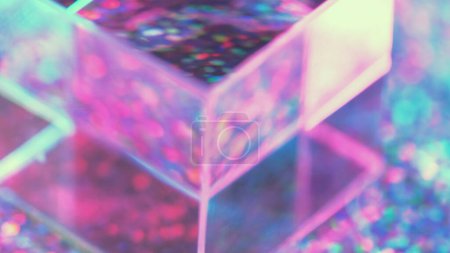 Blurred prism. Colorful lights. Rainbow neon square glass filled pink yellow green blue bokeh beams abstract circles motion background.