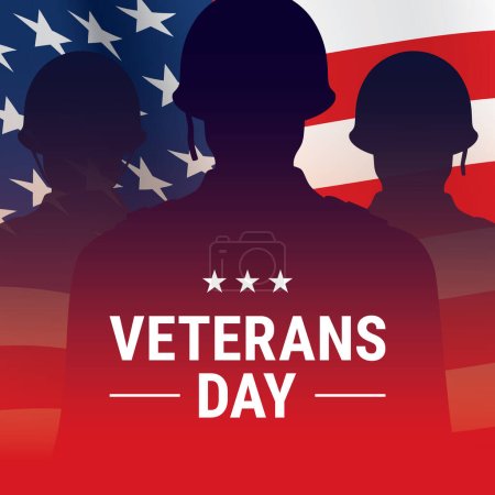 Illustration for Veterans day cinematic vector greeting card, with WW2 soldier shadows and waving USA flag. Patriotic American army background with memorial message. - Royalty Free Image