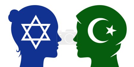 Illustration for Jewish and muslim women relations concept vector illustration. Different religion female multicultural or religious discussion, dialogue, meeting, banner design. - Royalty Free Image