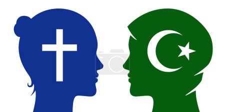 Illustration for Christian and Muslim women relations concept vector illustration. Different religion female multicultural or religious discussion, meeting, point of view dialogue banner design. - Royalty Free Image