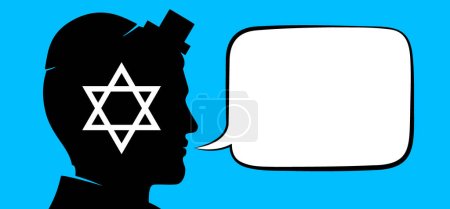 Illustration for Jewish praying man with empty text bubble for sentence or words placement. Judaic person talks or says something religious, flat style vector illustration. - Royalty Free Image