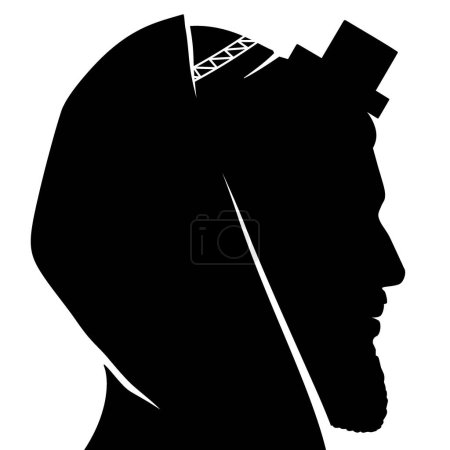 Illustration for Black silhouette of Jewish praying man with Kippah, Tallit, and Tefillin on his head. Judaic religious person portrait flat style vector illustration isolated on white background. - Royalty Free Image