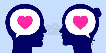 Illustration for Romantic couple communicating with thoughts, concept vector illustration. Young man and woman with text bubbles and heart icons, looking and feeling in love with each other. - Royalty Free Image