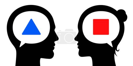 Illustration for Man and woman communicating with thoughts. Different point of views, concept vector illustration. Two adult persons with text bubbles and geometric figures, talking to each other. - Royalty Free Image